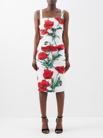 Dolce & Gabbana - Happy Garden Carnation-print Ruched Dress - Womens - Red Print
