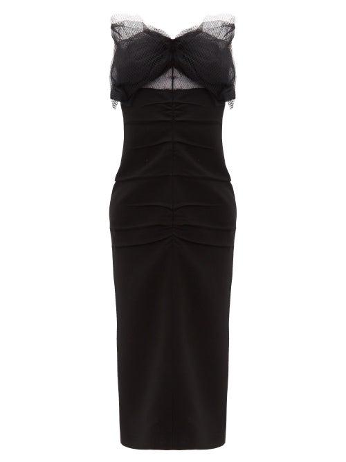 Matchesfashion.com No. 21 - Tulle Bow Appliqu Ruched Front Midi Dress - Womens - Black