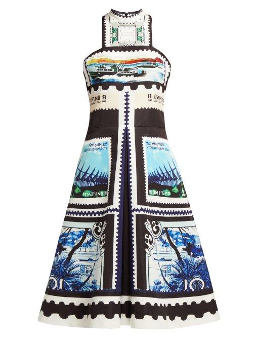 Matchesfashion.com Mary Katrantzou - Katmanda Stamp Print Satin Dress - Womens - Black Blue