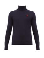 Matchesfashion.com Ami - Logo Appliqu Roll Neck Merino Wool Sweater - Mens - Navy