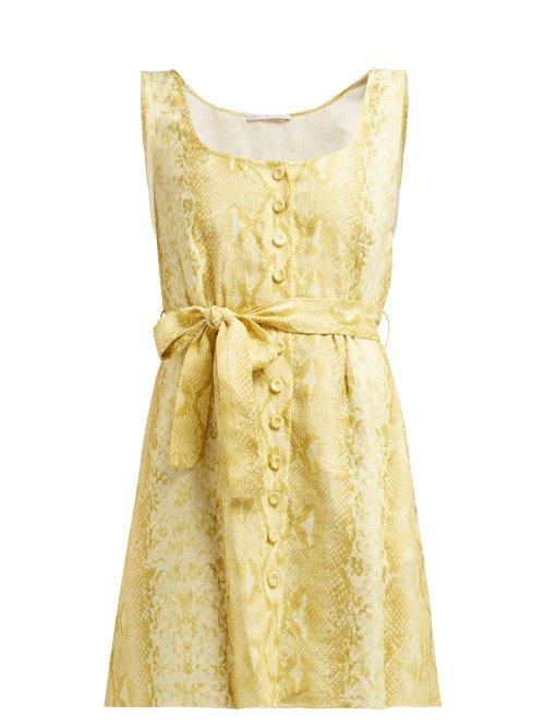 Matchesfashion.com Emilia Wickstead - Snakeskin Print Linen Dress - Womens - Yellow
