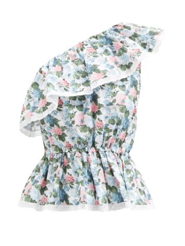 Loretta Caponi - Dafne One-shoulder Floral-print Peplum Cotton Top - Womens - Print