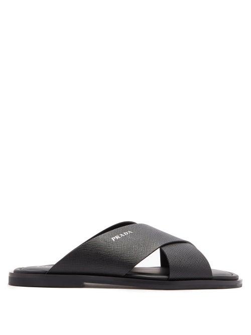 Matchesfashion.com Prada - Cross Over Saffiano Leather Slides - Mens - Black