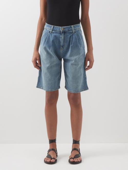 Nili Lotan - Julie Faded Pleated Stretch-denim Shorts - Womens - Denim