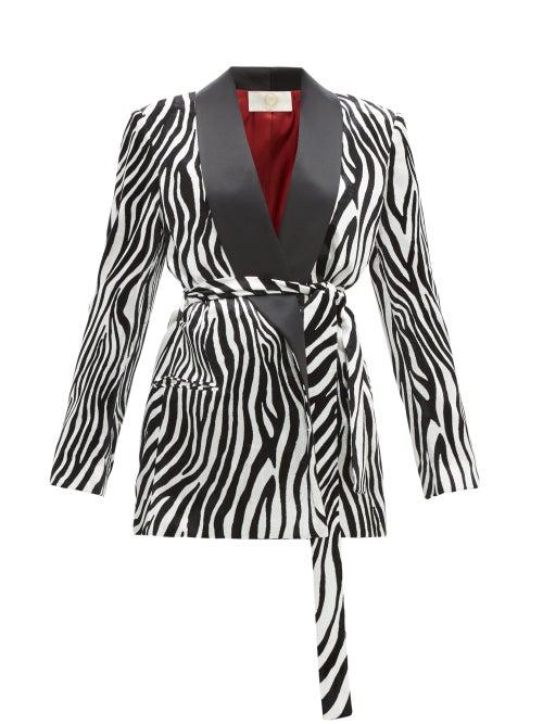 Matchesfashion.com Sara Battaglia - Zebra Print Satin Lapel Velvet Blazer - Womens - Black White