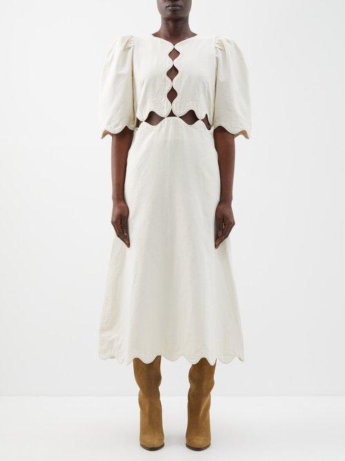 Sea - Leona Scalloped-trim Cotton-blend Midi Dress - Womens - Ivory