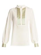 Matchesfashion.com Zeus + Dione - Mira Jacquard Trimmed Silk Blouse - Womens - Cream Gold