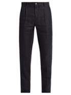 Matchesfashion.com De Bonne Facture - Pleated Front Tapered Leg Linen Trousers - Mens - Navy