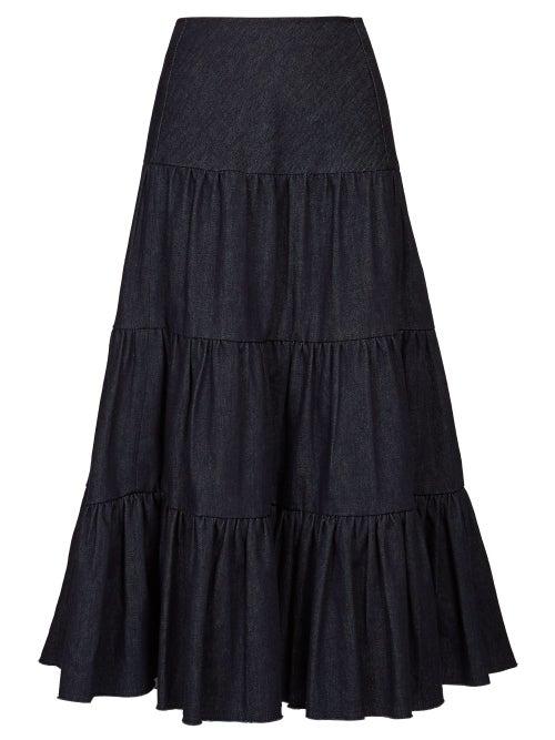 Matchesfashion.com Chlo - Tiered Raw Hem Denim Midi Skirt - Womens - Dark Denim