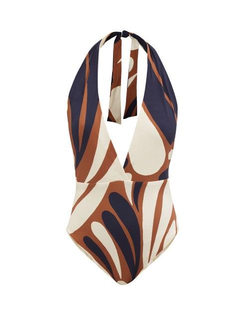 Ladies Beachwear Cala De La Cruz - Mara Abstract-print Halterneck Swimsuit - Womens - Brown Multi