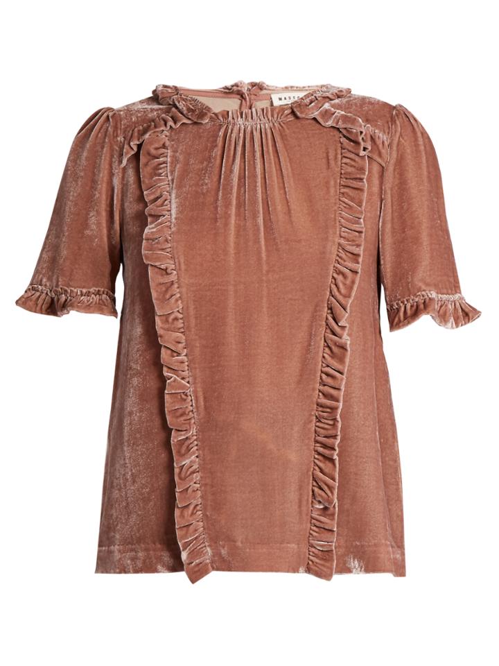 Masscob Ruffle-trimmed Short-sleeved Velvet Top