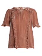 Masscob Ruffle-trimmed Short-sleeved Velvet Top