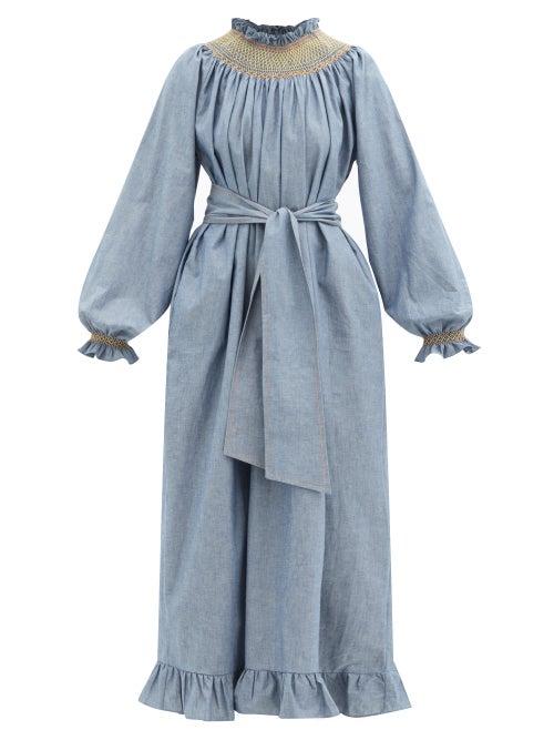 Matchesfashion.com Loretta Caponi - Loretta Smocked Cotton-chambray Maxi Dress - Womens - Blue