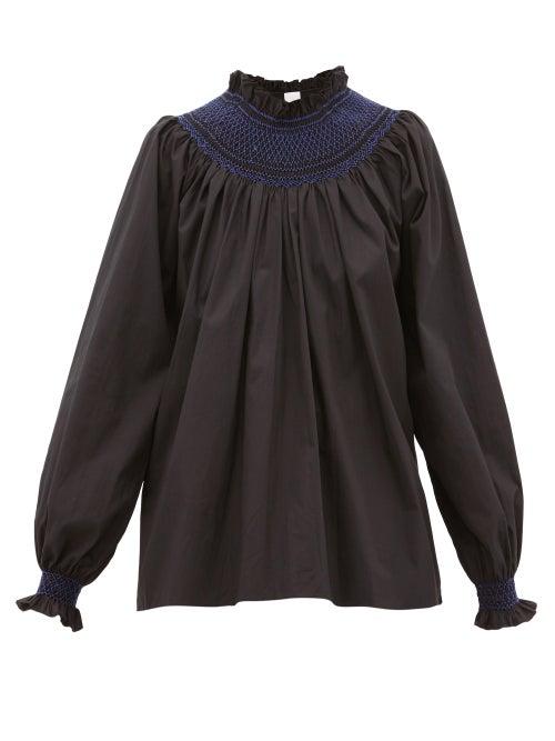 Matchesfashion.com Loretta Caponi - Maria Smocked Cotton-poplin Blouse - Womens - Black Navy
