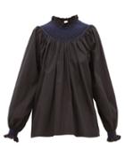 Matchesfashion.com Loretta Caponi - Maria Smocked Cotton-poplin Blouse - Womens - Black Navy