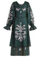 Matchesfashion.com Vita Kin - Country Bird And Floral Embroidered Linen Dress - Womens - Dark Green