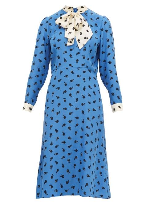 Matchesfashion.com Hvn - Elisa Cherry Print Silk Satin Midi Dress - Womens - Blue