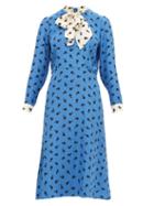 Matchesfashion.com Hvn - Elisa Cherry Print Silk Satin Midi Dress - Womens - Blue