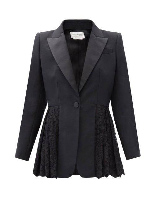 Matchesfashion.com Alexander Mcqueen - Single-breasted Lace-peplum Wool-blend Blazer - Womens - Black