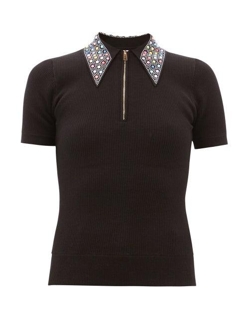 Matchesfashion.com Joostricot - Crystal-collar Cotton-blend Peachskin Polo Shirt - Womens - Black