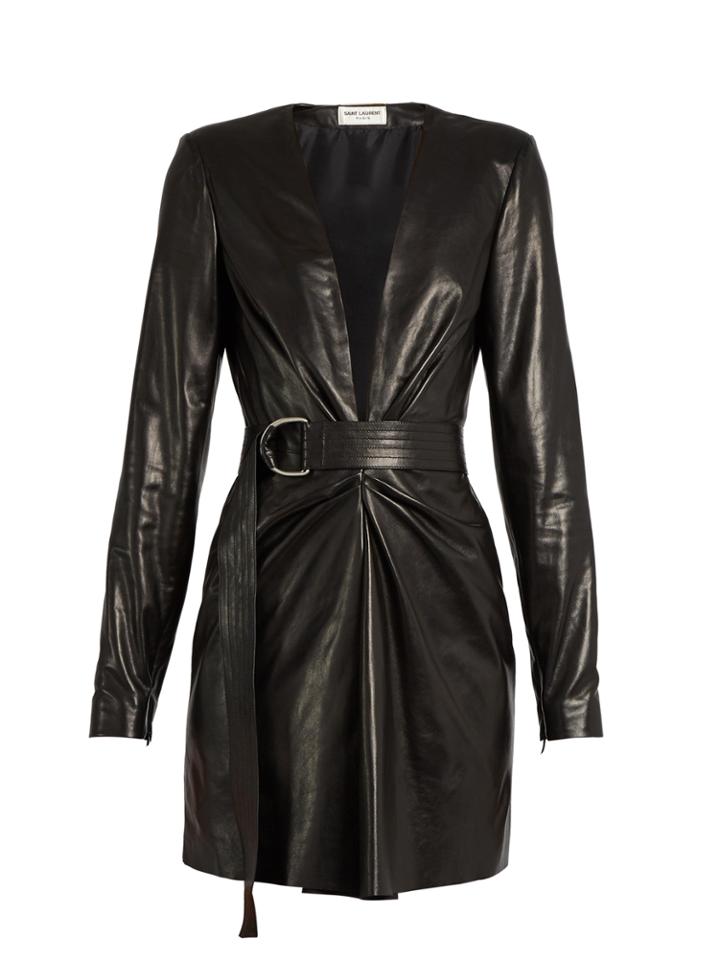 Saint Laurent Deep V-neck Leather Mini Dress