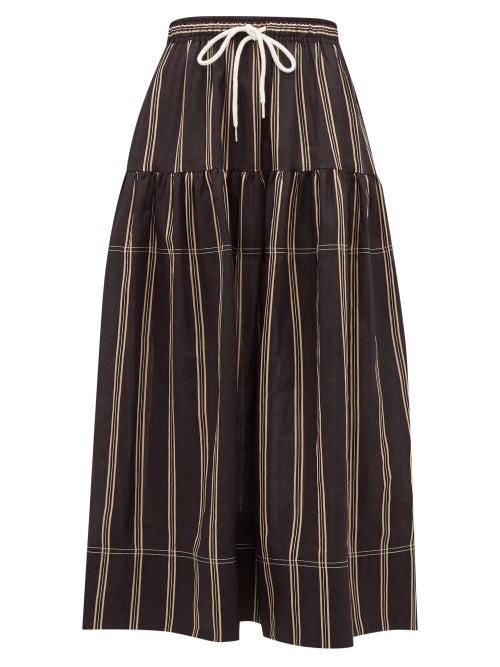 Matchesfashion.com Lee Mathews - Granada Striped Tiered Ramie Voile Skirt - Womens - Black