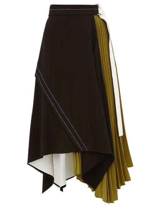 Matchesfashion.com Proenza Schouler - Pleated Leather Trim Matte Crepe Skirt - Womens - Black Green