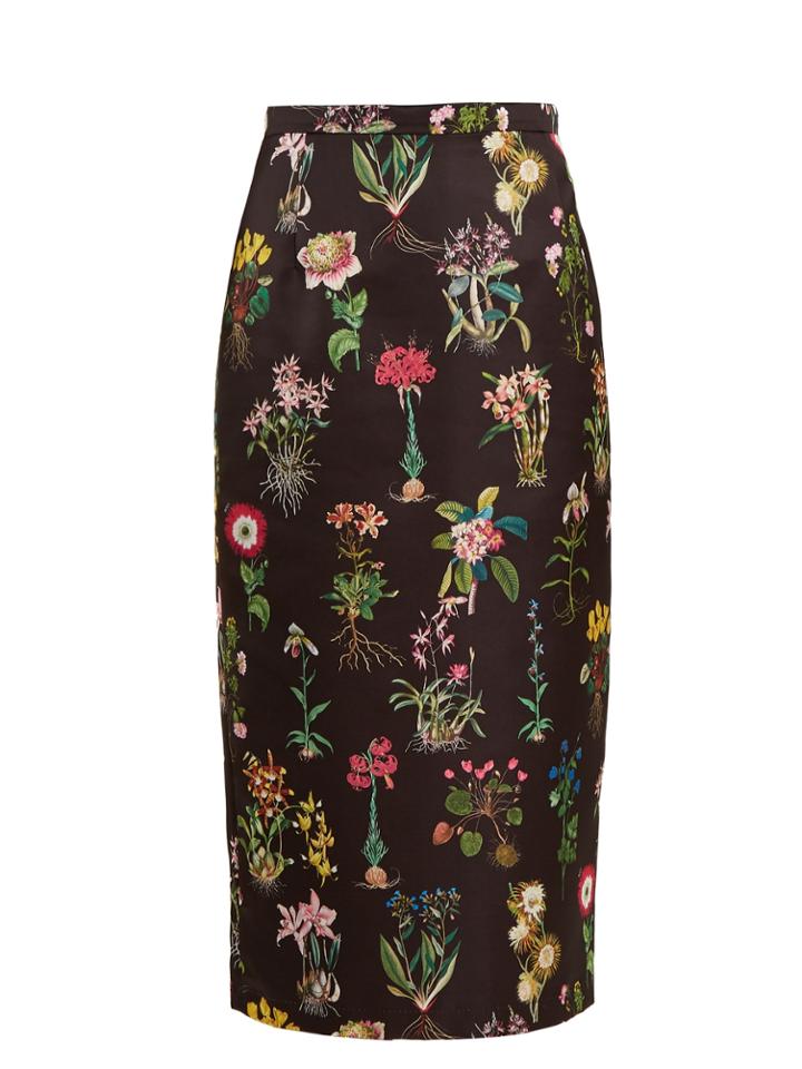 No. 21 Botanical-print Duchess-satin Pencil Skirt