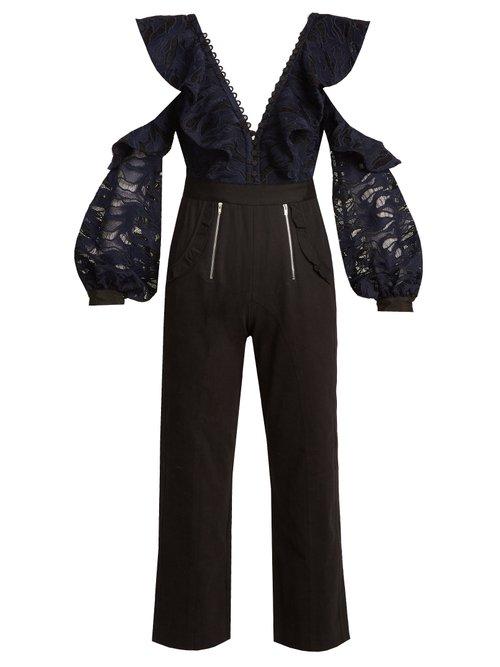 Matchesfashion.com Self-portrait - Open Shoulder Straight Leg Jumpsuit - Womens - Navy