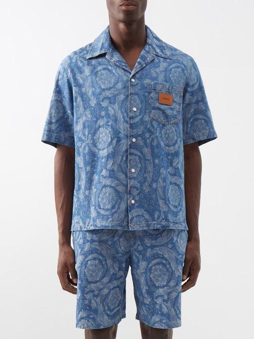 Versace - Floral-jacquard Denim Short-sleeved Shirt - Mens - Blue