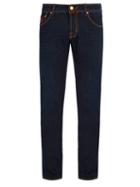 Matchesfashion.com Jacob Cohn - Red Leather Badge Slim Fit Jeans - Mens - Dark Blue