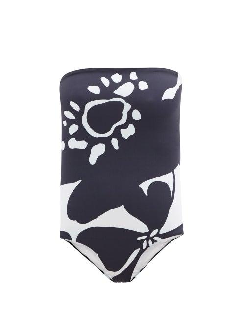 Matchesfashion.com Cala De La Cruz - Alison Strapless Floral-print Swimsuit - Womens - Black White