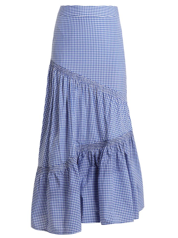 Teija Asymmetric Smocked Gingham-cotton Skirt