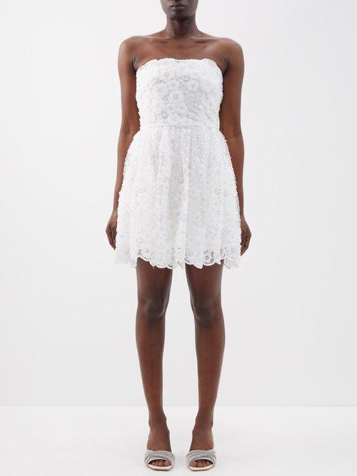 Self-portrait - Strapless Embellished Lace Mini Dress - Womens - White