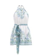 Matchesfashion.com Juliet Dunn - Rose-print Belted Halterneck Cotton Dress - Womens - Blue White