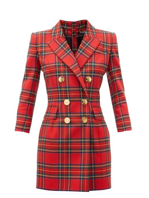 Matchesfashion.com Balmain - Double-breasted Wool-blend Tartan Mini Dress - Womens - Red Multi
