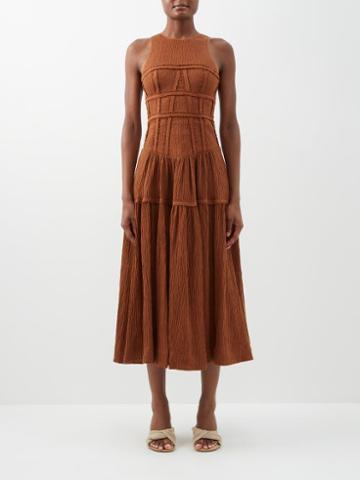Aje - Tidal Panelled-bodice Linen-blend Voile Dress - Womens - Brown
