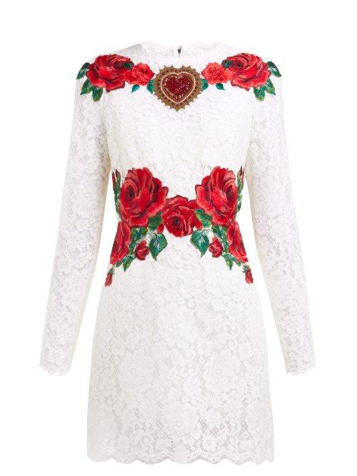 Matchesfashion.com Dolce & Gabbana - Rose Embroidered Lace Mini Dress - Womens - White Multi