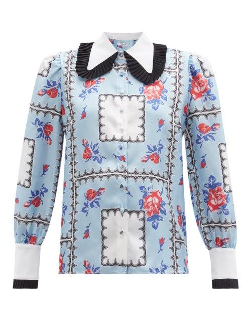 Matchesfashion.com Rodarte - Pleated-trim Floral-print Silk-twill Blouse - Womens - Blue White