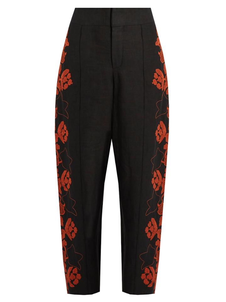 Chloé Floral-embroidered High-rise Linen Trousers