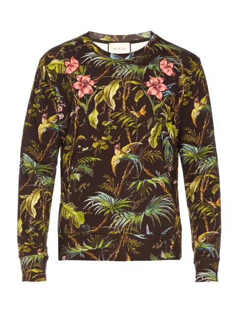 Gucci Tropical-print Floral-appliqu Cotton Sweatshirt