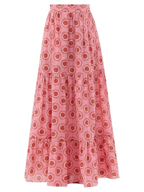 Matchesfashion.com Adriana Degreas - Exotic Passion Gathered Cotton-poplin Maxi Skirt - Womens - Pink Print