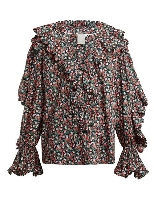 Matchesfashion.com Horror Vacui - Celestine Floral Print Cotton Blouse - Womens - Navy Multi