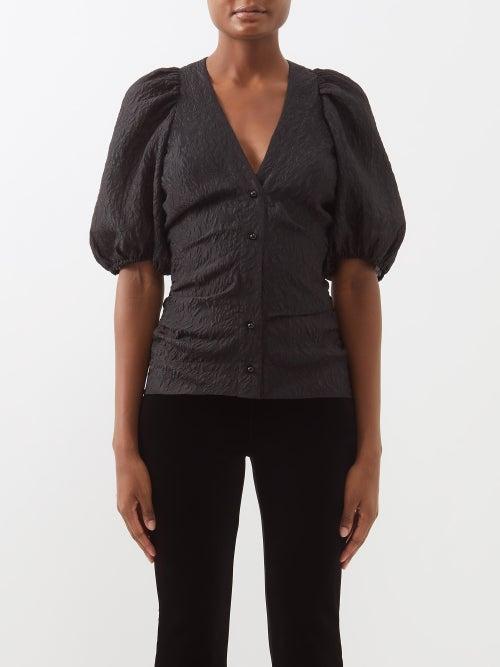 Ganni - Puff-sleeved Buttoned Jacquard Top - Womens - Black