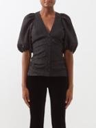 Ganni - Puff-sleeved Buttoned Jacquard Top - Womens - Black