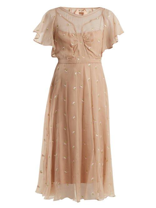 Matchesfashion.com No. 21 - Floral Embroidered Chiffon Dress - Womens - Nude