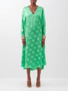 Halpern - Embellished-cuff Polka-dot Satin Kaftan Dress - Womens - Green