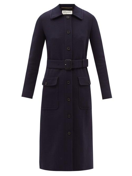 Saint Laurent - Belted Wool-blend Jersey Coat - Womens - Navy