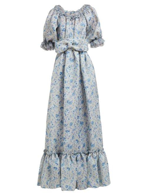 Matchesfashion.com Luisa Beccaria - Ruffled Floral Print Silk Gauze Gown - Womens - Blue Print