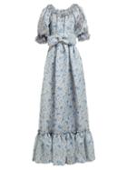 Matchesfashion.com Luisa Beccaria - Ruffled Floral Print Silk Gauze Gown - Womens - Blue Print